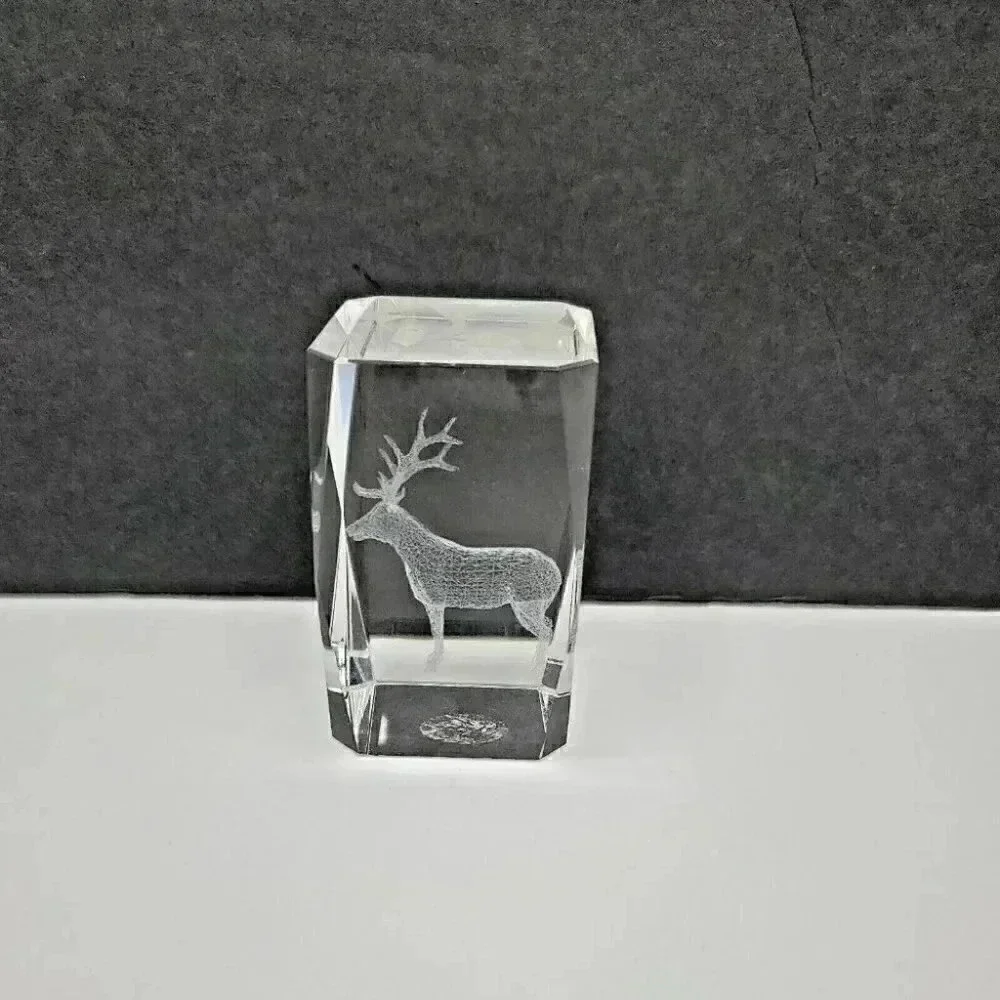 Stag Laser Cut Glass Etched Paper Weight Clear Cube 3